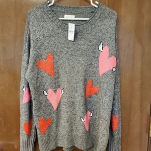 NWT Lou & Grey for Loft Grey Sweater with Pink and Red Flying Hearts size XL